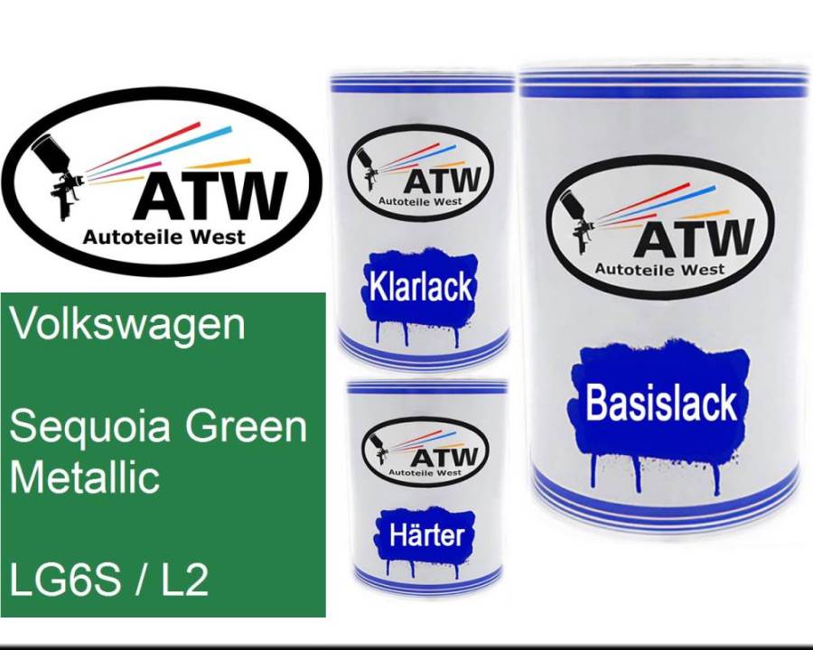 Volkswagen, Sequoia Green Metallic, LG6S / L2: 500ml Lackdose + 500ml Klarlack + 250ml Härter - Set, von ATW Autoteile West.